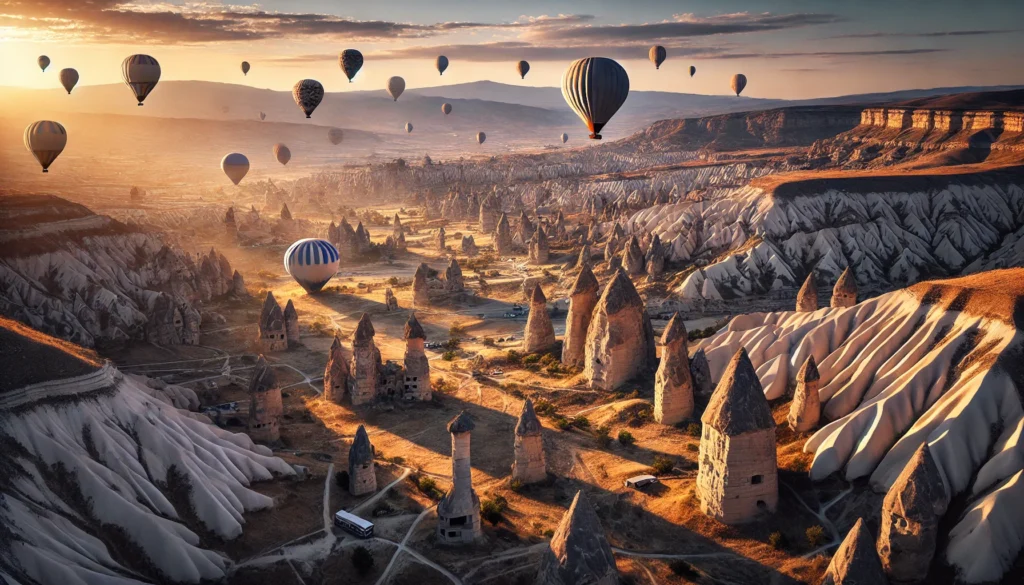 Goreme, Turkey – Dozens of colorful hot air balloons floating over unique rock formations at sunrise.