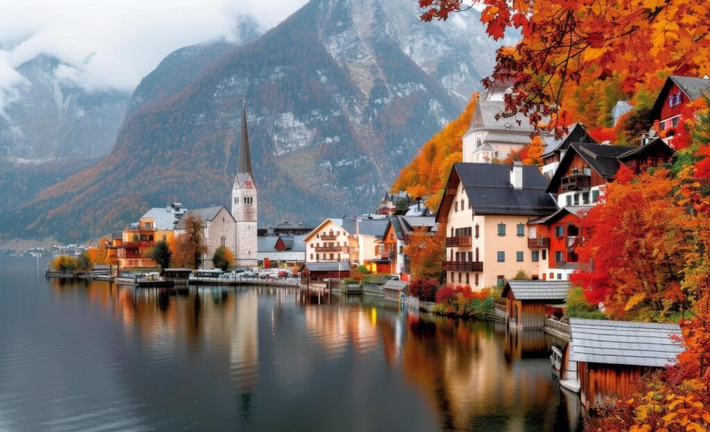 10 Hidden Gems to Visit in October for an Unforgettable Experience 29 Hallstatt Austria – A picturesque village by a serene lake surrounded by autumn foliage