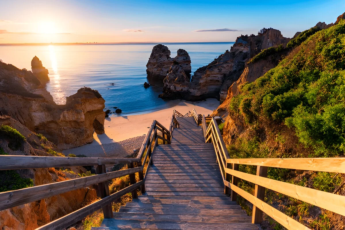 Scenic view of Praia do Camilo in Lagos, Algarve, with a wooden staircase leading to golden sands and dramatic rock formations at sunrise.