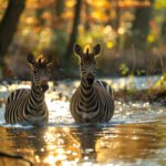 medium vecteezy two zebras are crossing the river in the forest 46368116 medium