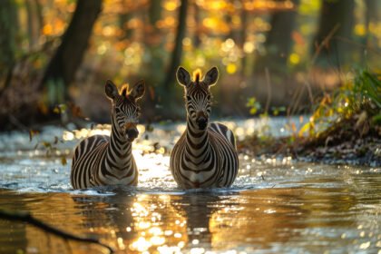 medium vecteezy two zebras are crossing the river in the forest 46368116 medium