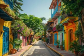 medium vecteezy a vibrant street scene with colorful buildings and lush 50689205 medium