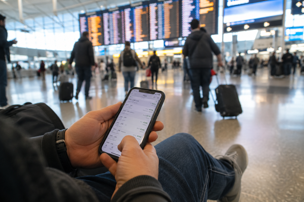 Traveller checking flight prices on a phone inside an airport departures hall