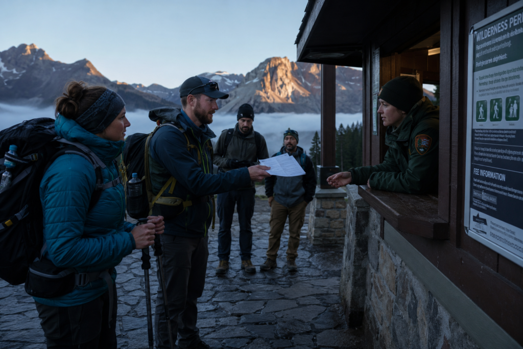 Hikers presenting a booked trail permit at a mountain trailhead checkpoint at dawn
