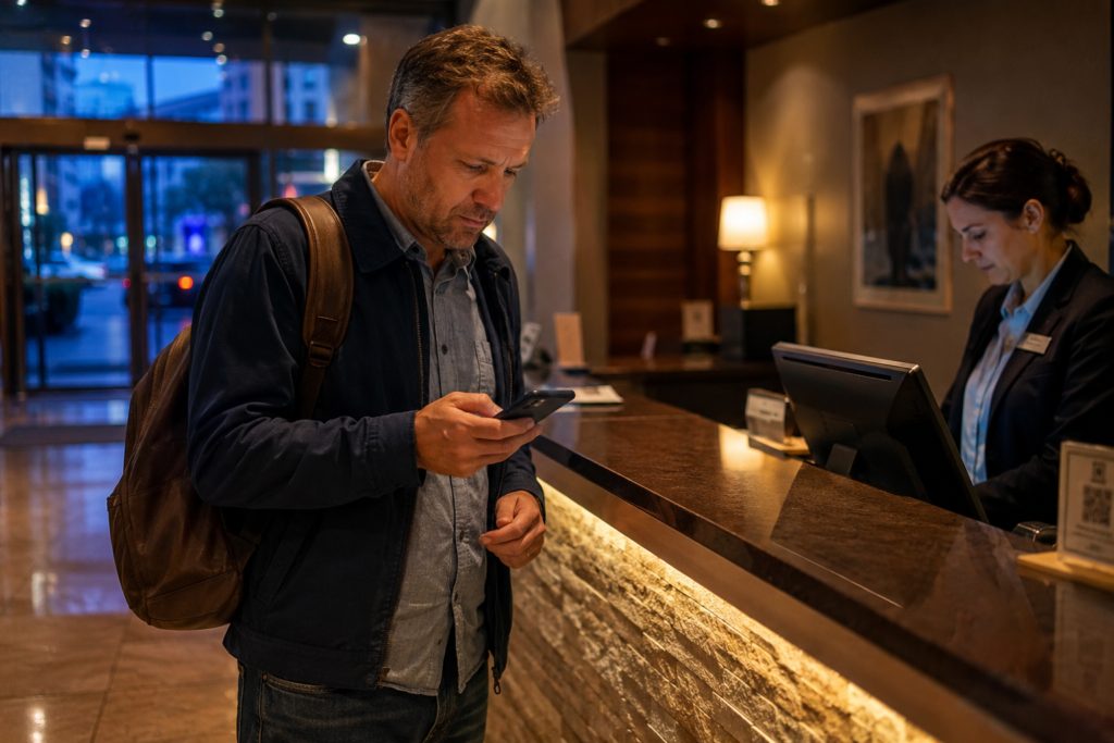 Traveller checking his phone at a hotel reception desk after a booking change