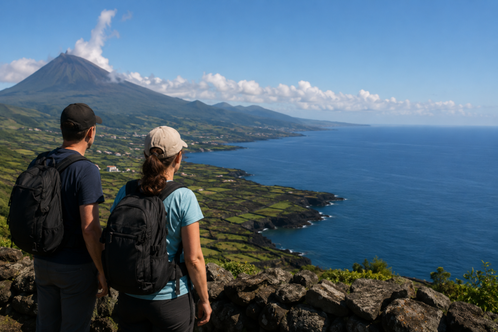 Travelers pausing at a coastal viewpoint on Pico Island