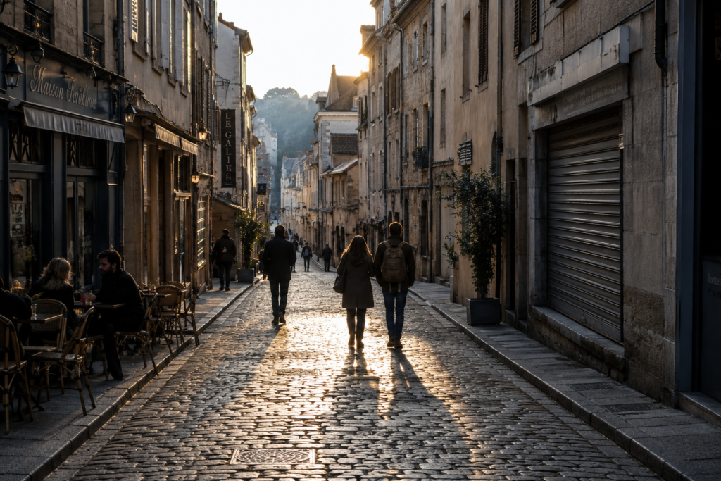 Quiet cobbled European street in shoulder season with few travellers and long afternoon shadows