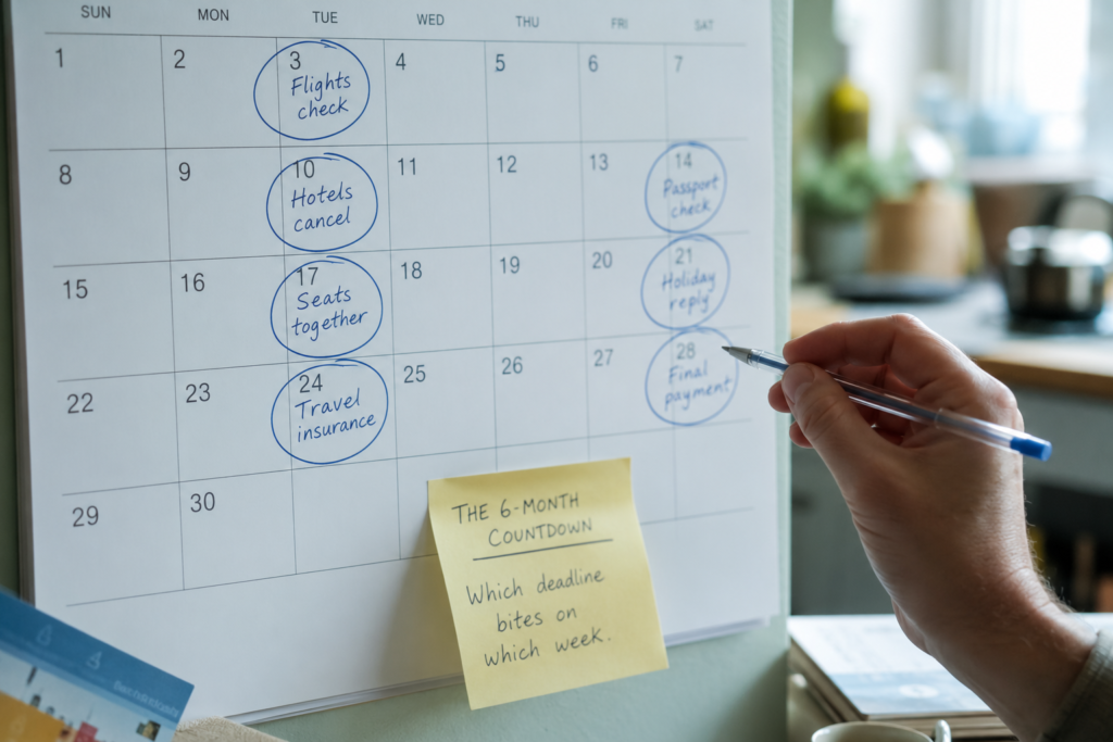 Hand marking booking deadlines on a wall calendar while planning a trip timeline
