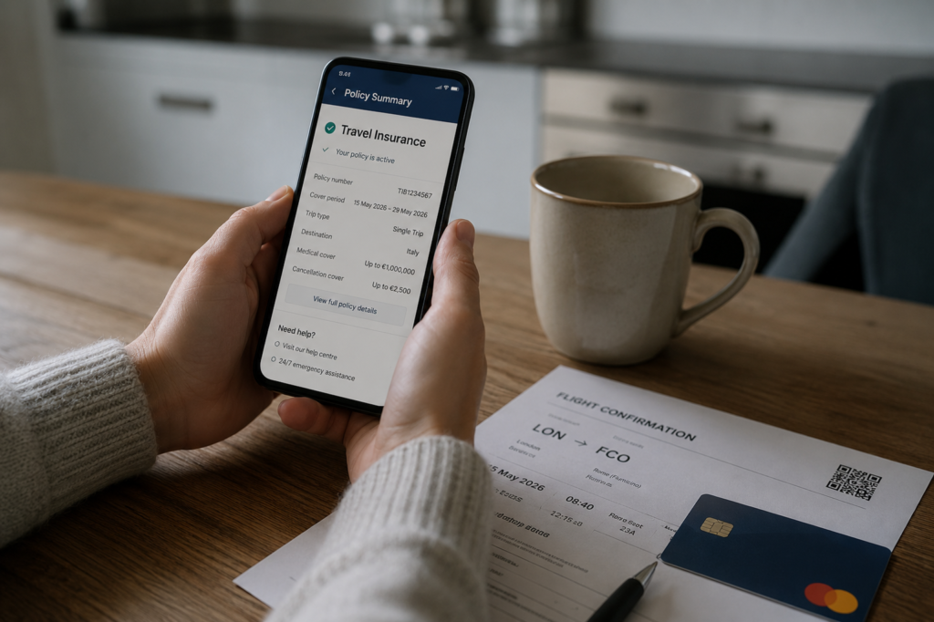 Traveller buying travel insurance on a phone shortly after booking a flight