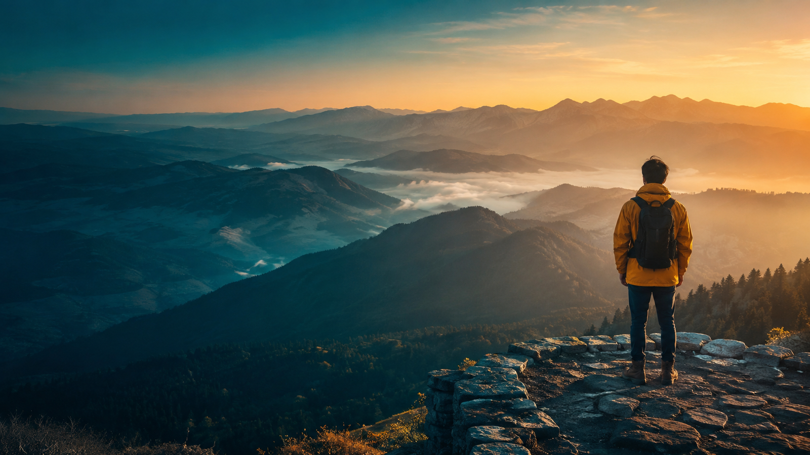 Traveller looking out over a mountain valley at sunrise