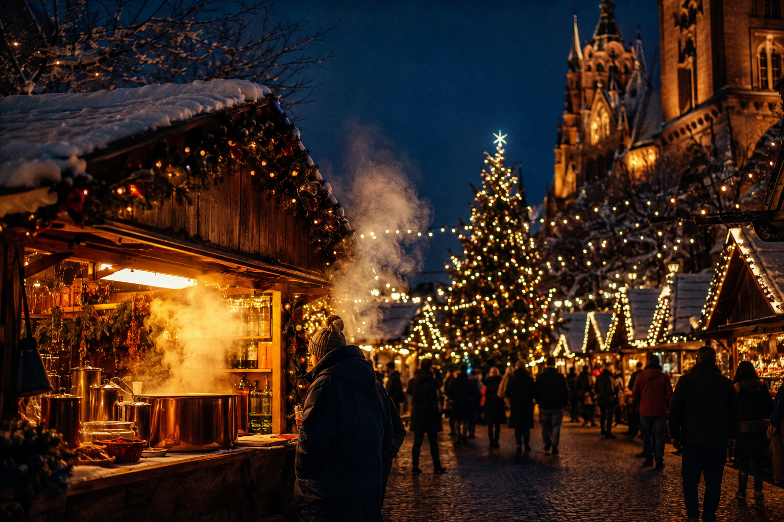 December travel — European Christmas market at night