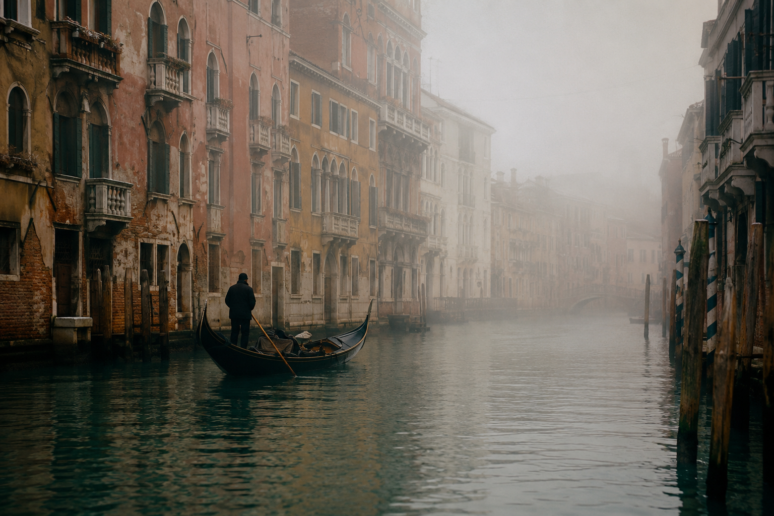February travel — Venice canal in winter mist