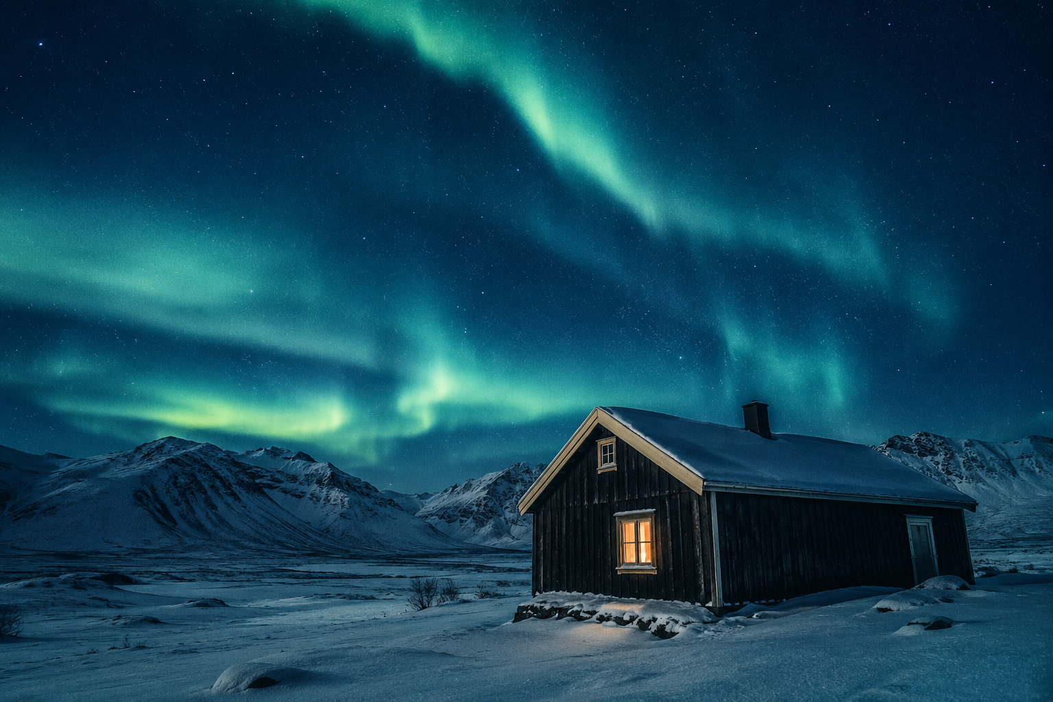 January travel — snowy northern lights landscape