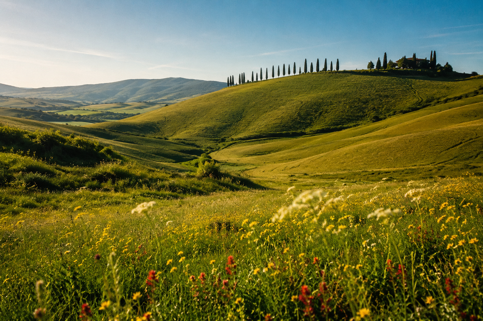 May travel — Tuscan hills in spring green