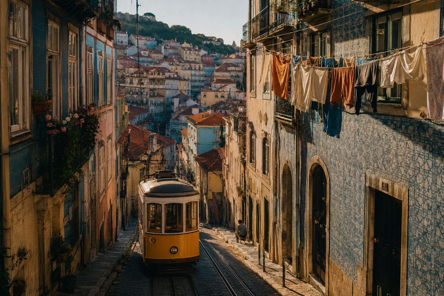 September travel — Lisbon tram on a hillside street