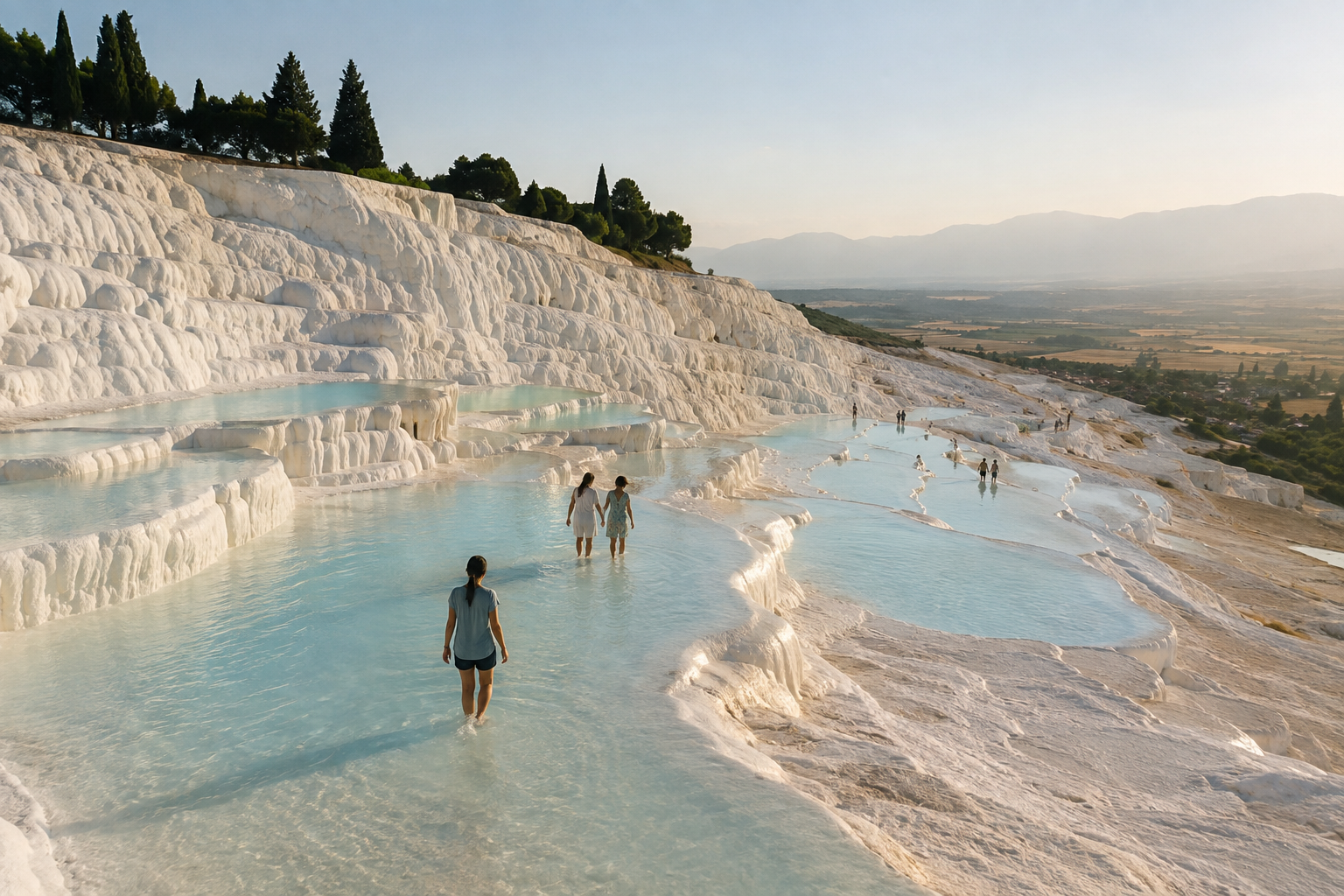 7 Best Hot Springs to Visit in October (Before the Winter Crowds Show Up) 15 White travertine terraces of Pamukkale, Turkey, with visitors soaking