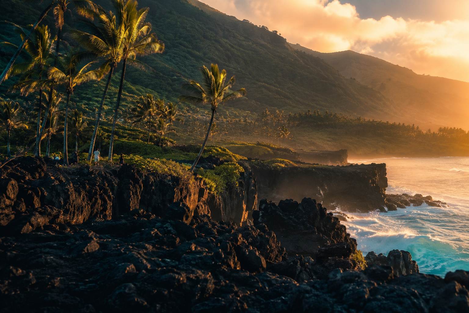 When to Go: Hawaii — volcanic coast and palms at golden hour