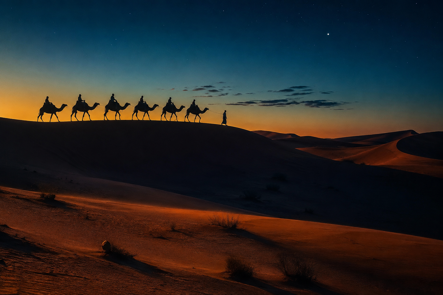 When to Go: Morocco — Sahara dunes and a caravan at dusk