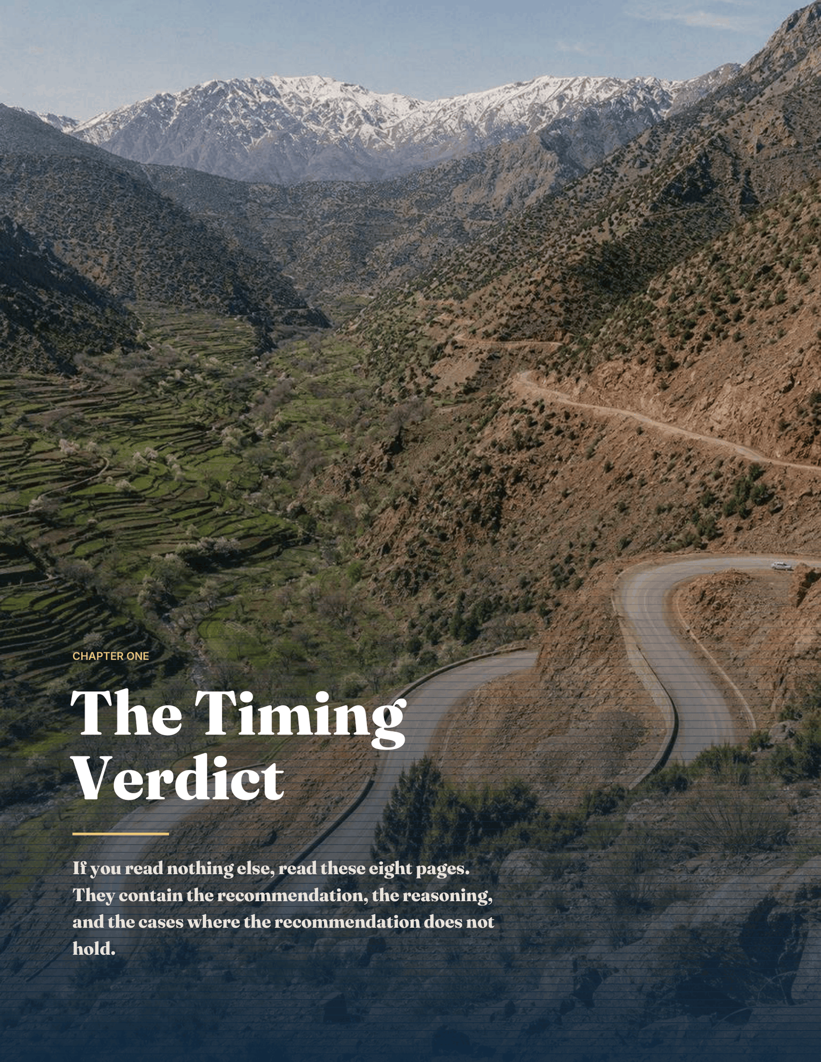 Chapter one opener from the guide, The Timing Verdict, over a road through the green Atlas foothills