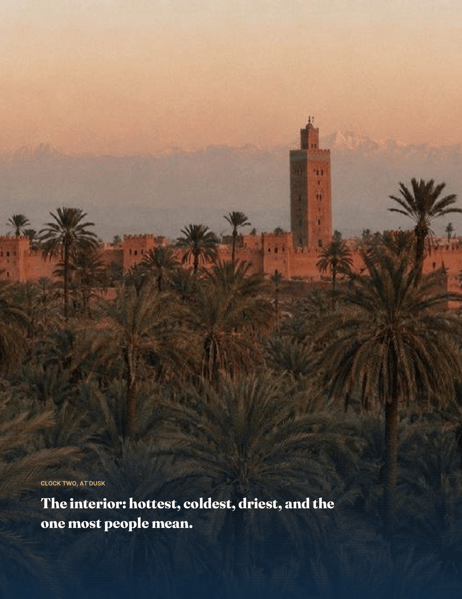 Spread from the guide showing Marrakech and the Koutoubia minaret at dusk