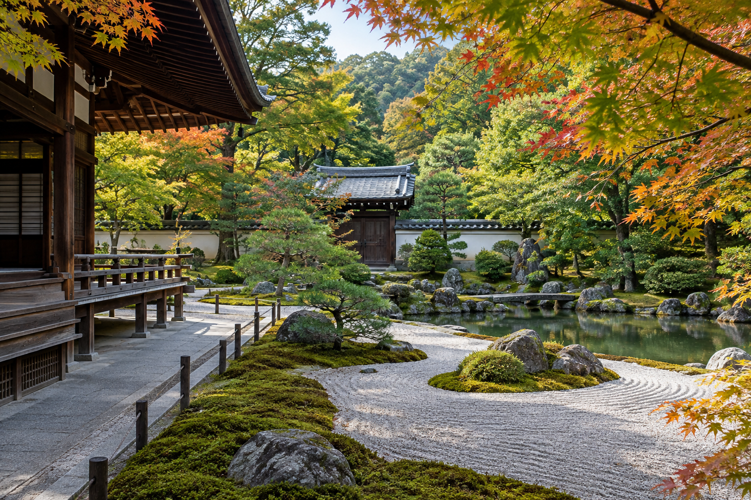 A quiet Kyoto temple garden with leaves just starting to turn at the edges