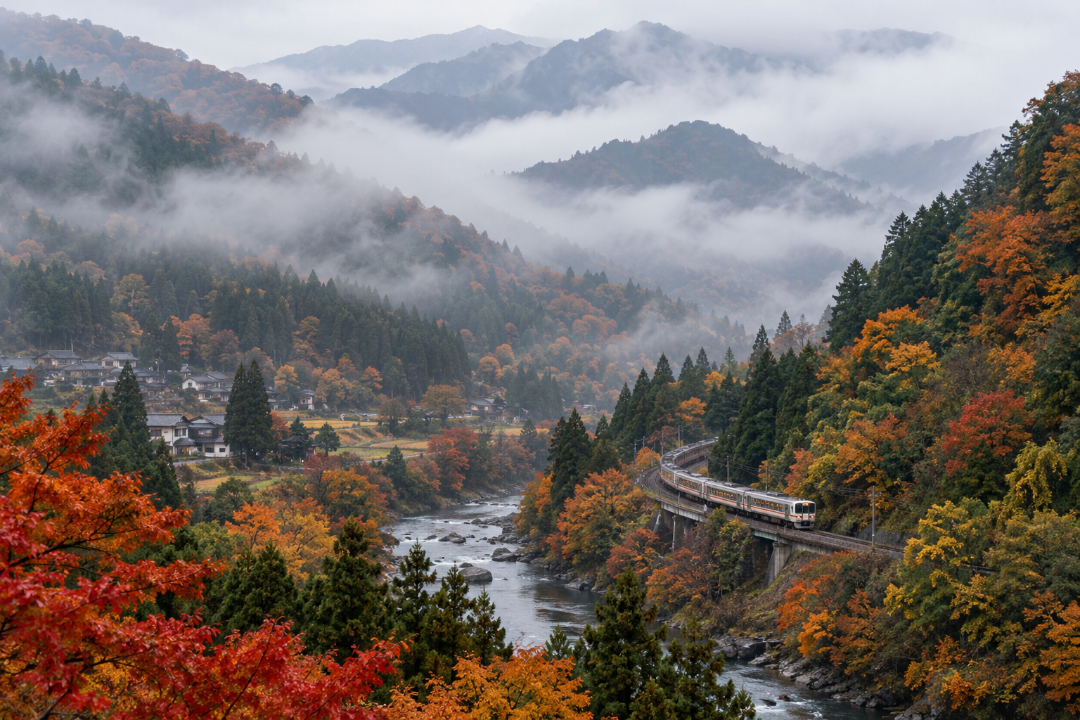 A train winding through a Japanese autumn valley, mountains fading into mist