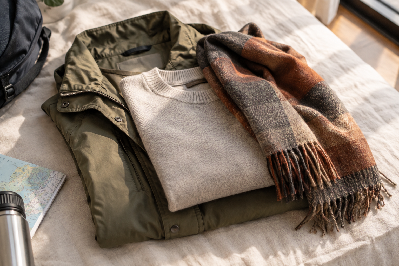 Layered travel clothing including a light jacket laid out for a Japan autumn trip