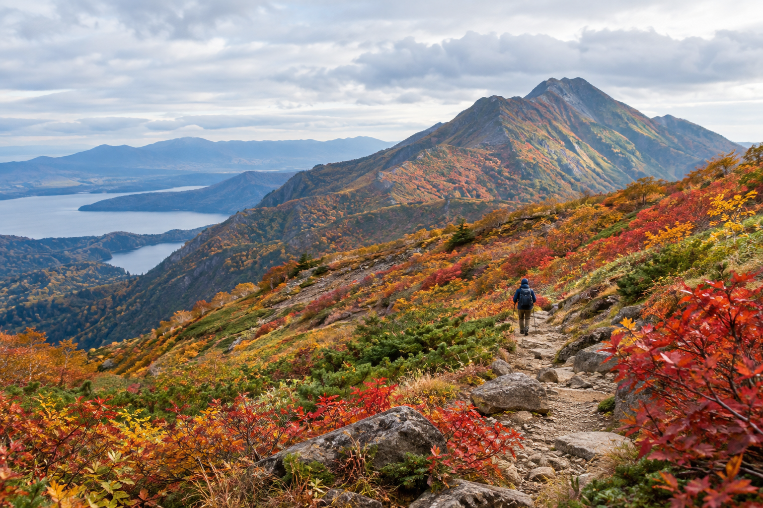 A hiker on a mountain trail in Hokkaido with early red and orange foliage